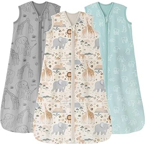 Baby Sleep Sack 6-12 Months 0.5 Tog Wearable Blanket Baby, 3 Pack 100% Cotton Lightweight Sleeping Sack with 2-Way Zipper for Newborn Infant Apricot Gray Green Elephant