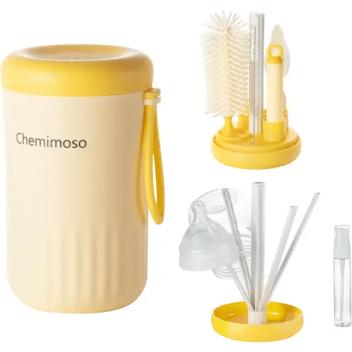 Travel Silicone Baby Bottle Cleaner Brush Set, Foldable Baby Bottle Drying Rack, Essential Cleaning Set for Outdoor Travel, Yellow