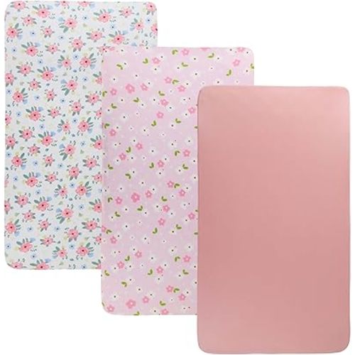 Onacosht Stretchy Bassinet Sheets 33" x 19" Compatible with Mika Micky, KoolaBaby (3 in 1), BabyBond, HARPPA and RICUTON Bedside Bassinet, 3 Pack for Baby Boy and Girl, Pink Floral