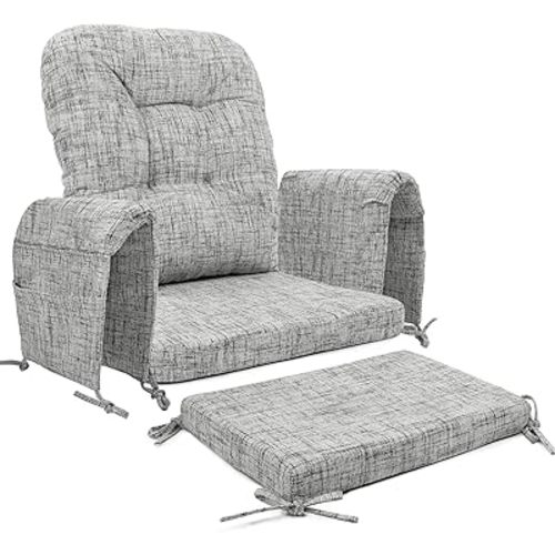 SINOSSO Glider Rocker Cushion Set (5 Pcs), Soft Blended Fabric High-Density Support Foam Seat Cushions with Ties, Fits Rocking Chair/Nursery Glider & Ottoman, White