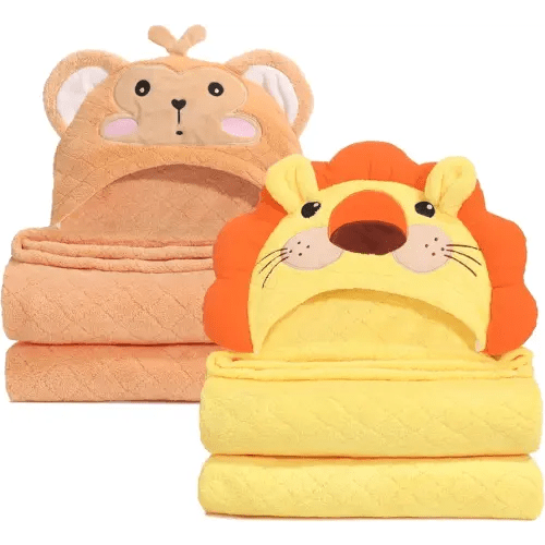 Hooded Baby Towels Boy for 0-6 Years, 50"x 32" Extra Large Toddler Bath Towels with Hood for Boys & Girls, 2-Pack Absorbent Thick Soft Gift for Kids Yellow Lion & Orange Monkey