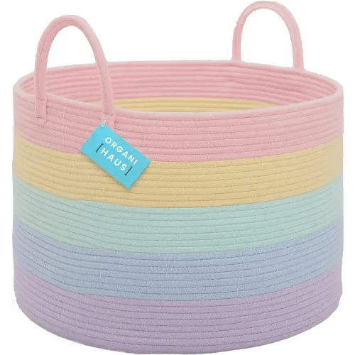 OrganiHaus Cute Basket for Rainbow Classroom Decor 20x13 | Cotton Rope Baskets for Storage | Toybox for Pastel Room Decor | Extra Large Blanket Basket for Living Room | Toy Basket for Playroom Décor