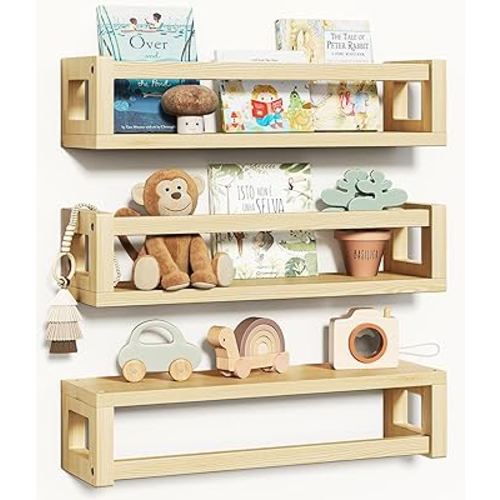 Upgraded Thick Floating Shelves - Multi-Use Wall-Mounted Bookshelves for Kids and Nursery, Ideal for Books, Toys, Spice Rack, Decor - NaturalWood
