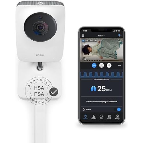Miku Pro (Upgraded) Smart Baby Monitor Camera & Wall Mount, Real Time Breathing & Sleep Tracking, Contact Free, Instant Alerts, Safe Sleep, FSA/HSA Eligible, Requires Additional Monthly Membership