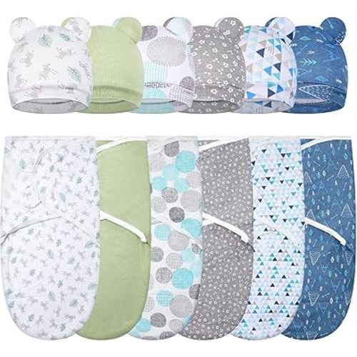 Ramede 6 Pack Baby Swaddle Blanket with Hats Sleep Swaddle for 0-3 Months Newborn Sacks Soft Cotton Wearable for Baby Boy Girl Sleeping(Blue, Groovy)