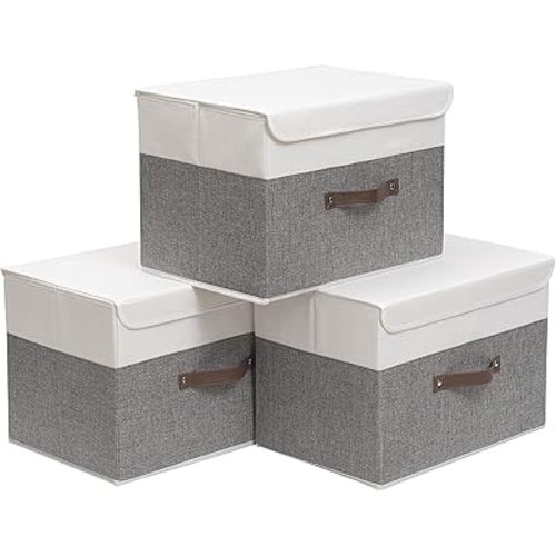 OUTBROS Large Cube Storage unit Boxes, Collapsible Bin with Lid, Linen Fabric Wardrobe Organiser, Baskets For Towels, Clothes, 17.7 x 11.8 x 11.8 inch (White/Grey, 3-Pack)