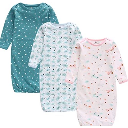 Baby Newborn Gown, 3 Packs Baby Sleeping Bag, Long Sleeve Sleep Sack, Cotton Cloths for Newborn Boys Girls 0-12 Months