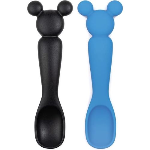 Bumkins Disney Baby Utensil Set, Silicone Trainer Spoons for Dipping, Soft Tip, Self-Feeding, Chew, Baby Led Weaning, First Year Training Supplies, Essentials First Eating, 4 Mos, 2-pk Mickey Mouse