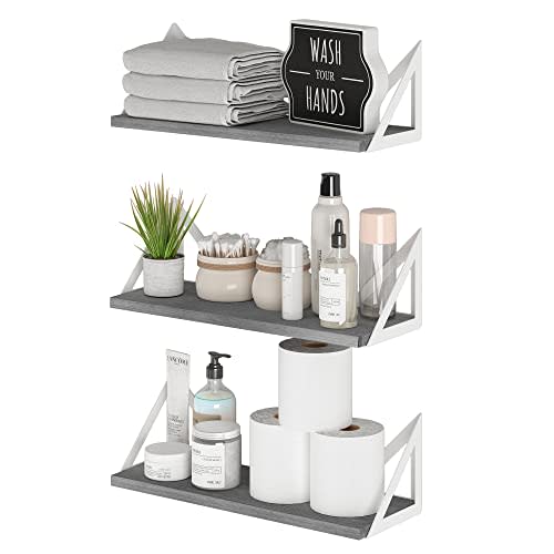Wallniture Minori Gray Floating Shelves for Wall, Bathroom Shelves for Over The Toilet Storage, Wood Wall Shelves for Bedroom, Living Room, Kitchen, Set of 3