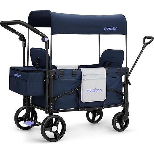 Stroller Wagon for 2 Kids, Baby Wagon Stroller with Adjustable Handle for Infants and Toddlers Includes Canopy & Organizer, Foldable and Convenient for Storage, Blue