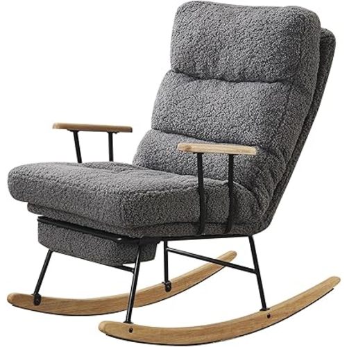 Modern Rocking Chair with Foot Rest,Teddy Nursing Chair with Adjustable Back,Indoor Gliding Chair with Arm for Nursery,Living Room,Bedroom (Grey)