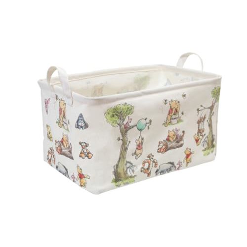 Square Winnie Nursery Storage Basket With A Waterproof PE Coating, Foldable Large Canvas Laundry Hamper, Decorative Storage Baskets Suitable For Bathroom and Bedroom (White)