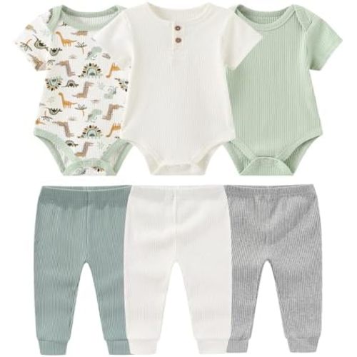 Baby Bodysuit and Pant Set 6-pcs Ribbed Soft Infant Boy Girl Clothes Outfits