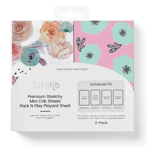 TotAha Premium Stretchy Pack N Play Playard Sheets | Mini Crib Sheets (2-Pack) -Hypoallergenic, Silky Comfort, Buttery Soft, Calming Effect, All-Season Jersey-Knit (Colorful Flora & Blue Flowers)