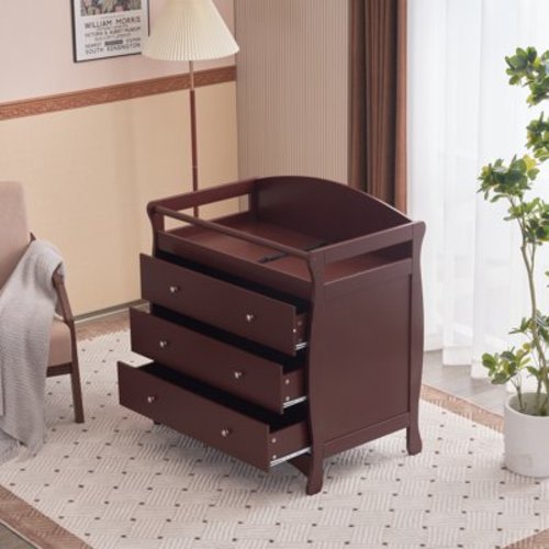 3-Drawer Changing Table Dresser, Infant Diaper Changing Station with Safety Rail and Strap, Wooden Storage Cabinet Nursing Table, Easy Assembly, Brown