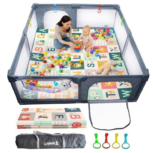 Baby Playpen with Mat 79x71 Inch Large Playpen for Babies and Toddlers Playard with Zipper Gate Safety Fence Play Pen with Soft Breathable Mesh Indoor & Outdoor Kids Activity with Playmat Dark Gray