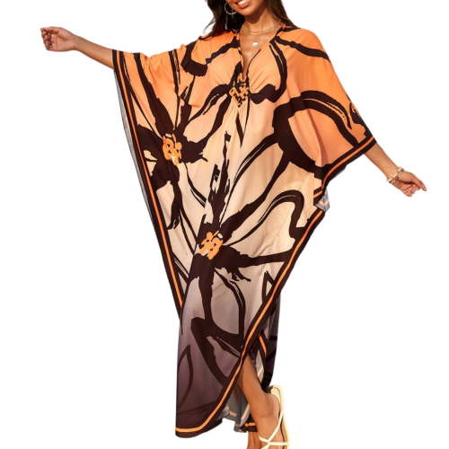 WULMLEO Kaftan Dresses for Women V Neck Batwing Sleeve Moomoo Nightgowns for Swimwear Plus Size Colorful Dresses Orange One Size