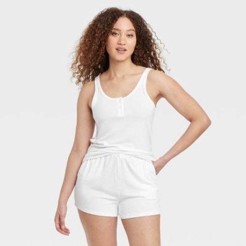 Women's Pointelle Henley Tank Top and Shorts Pajama Set - Auden™ White L: Recycled Polyester, U Neck, Elastic Waistband