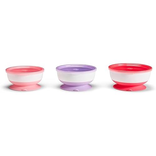Munchkin Stay Put Munchkin Suction Baby Bowls with Lids - Dishes for Babies and Toddlers, Self-Feeding Bowl Set for Kids 6+ Months, 3 Pack, Pink/Purple