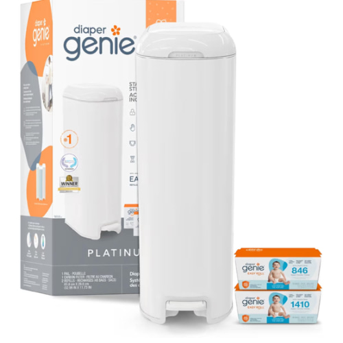 Diaper Genie Platinum Pail Gift Set, Lily White, Made of Durable Stainless Steel and Includes 2 Easy Roll Refills with 18 Bags and 30 Bags