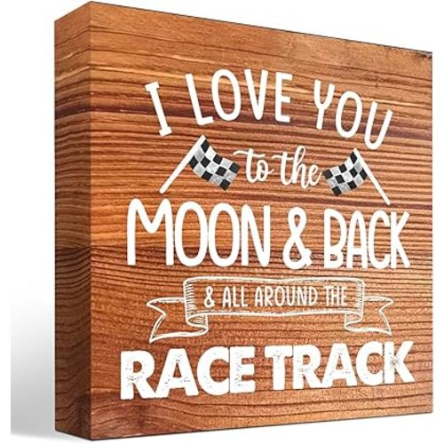 z-crange I Love You To The Moon And Back Grain Wood Box Sign Desk Decor,Farmhouse Racing Checkered Flags Box Block Sign for Home Boys Room Shelf Table Decor Decorations…