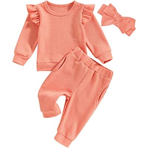 Baby Girls 3Pcs Fall Outfits Long Sleeve Ribbed Romper + Belted Pants + Headband Set Infant Clothes