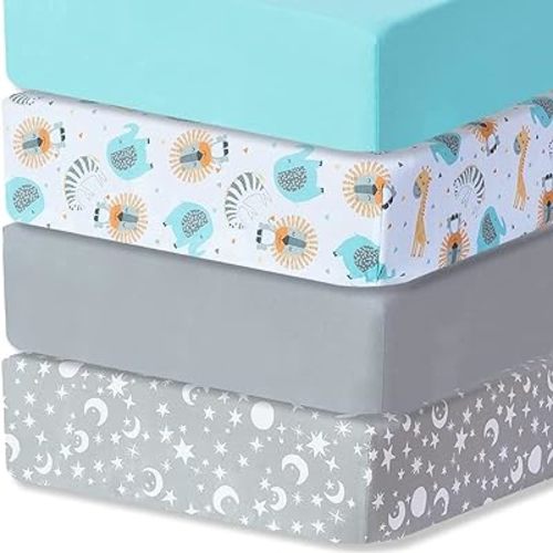 bimocosy Fitted Crib Sheets for Boys Girls 4 Pack, Size 28"x 52" for Standard Crib and Toddler Mattresses, Super Soft Breathable Microfiber Baby Crib Mattress Sheet, Stars/Woodland Animals/Grey/Green