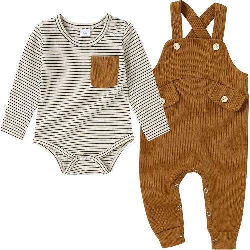 CARETOO Newborn Baby Boy Clothes Infant Boy Romper Fall Winter Outfits Bodysuit 2Pcs Striped Long Sleeve Top Overalls 0-18M