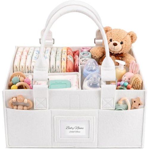 Diaper Caddy Organizer, Newborn Essetials Must Haves, Baby Registry Search and Other Baby Stuff, Collapsible Baby Basket with Handle and a Photo Frame, Grey, 11.8 x 6.3 x 9.0 inch