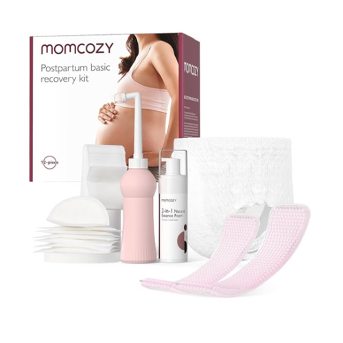 Momcozy Postpartum Recovery Essentials Kit, Labor Delivery Mom Care Kit, Self-Absorbent Disposable Underwear Nipple Nursing Pads Upside Down Peri Bottle Cold Pads Cooling Foam Canvas Bag Set
