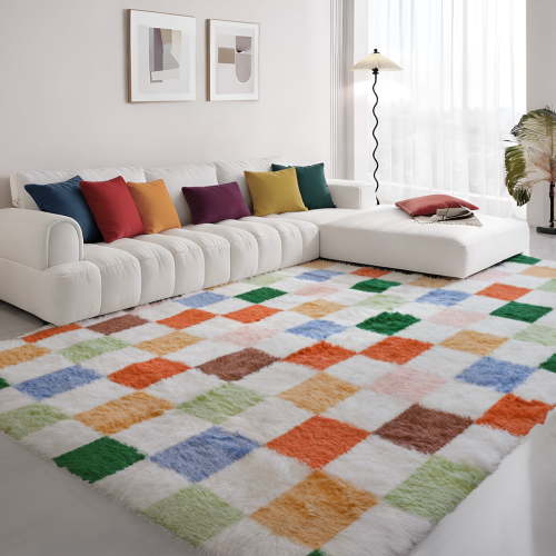 Pentantan Shag Area Rug, 8ft x 10ft Classic Checkered Soft Fluffy Indoor Rugs for Living Room Bedroom Carpet, Green & Orange