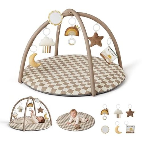 Blissful Diary Baby Play Gym Mat, Play Mat Activity Mat with 6 Detachable Toys for Stage-Based Sensory & Motor Skill Development, Easy to Install & Clean, Baby Essentials Gift, Brown Checkerboard