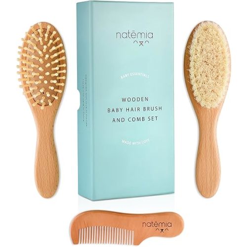 Natemia Premium Wooden Baby Hair Brush and Comb Set – Natural Soft Bristles – Ideal for Cradle Cap - Perfect Baby Registry Gift