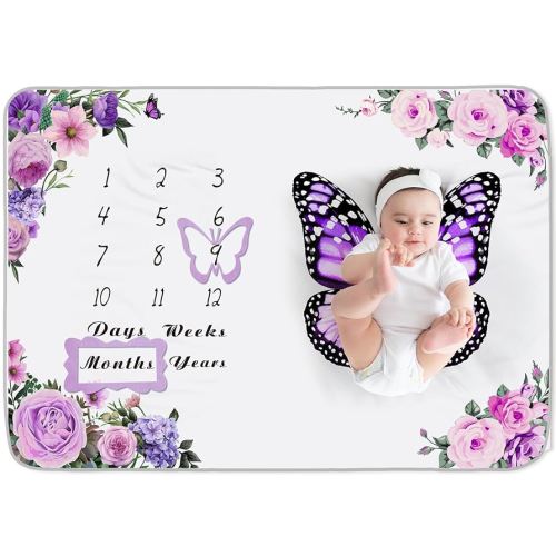 Chumia Baby Monthly Milestone Blanket for Baby Girl 59" x 39" Floral Butterfly Photo Prop Blanket Baby Age Milestone Blanket with 2 Felt Floral Wreath Frame