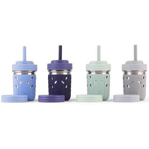 Elk and Friends Stainless Steel Cups | 10 oz Mason Jar design | Kids & Toddler Cups with Silicone Sleeves & Straws with Stopper | Smoothie Cups