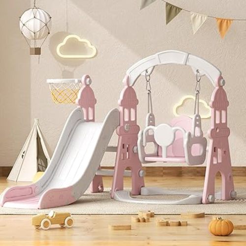 YUFU 4-in-1 Toddler Swing and Slide Set, Kids Slide with Climber, Swing, Basketball Hoop, Indoor Outdoor Playset for Toddlers Age 1-3 (Pink)