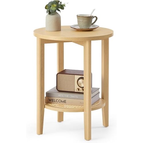 VASAGLE Round Side End Table, 2-Tier Boho Bedside Table with Rattan-Look Storage Shelf, Nightstand for Small Spaces, for Living Room, Bedroom, Home Office, Oak Beige ULET296Y01