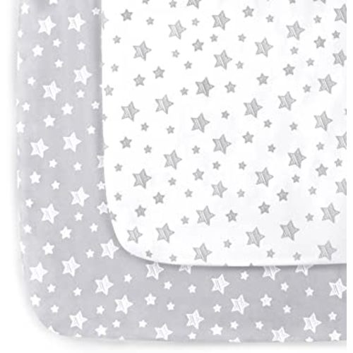 Mini Crib Sheets, 2 Pack Pack and Play Sheets, Stretchy Playard Fitted Sheet, Compatible with Graco Pack n Play, Soft and Breathable Material, Grey & White