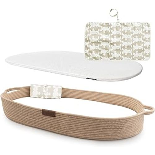 Yunioo Deluxe Baby Changing Basket with Extra Travel Diaper pad, Foldable Baby Changing Pad with Water Repellent Cover, Cotton Rope Baby Basket, Changing Table Topper for Dresser (Brown)