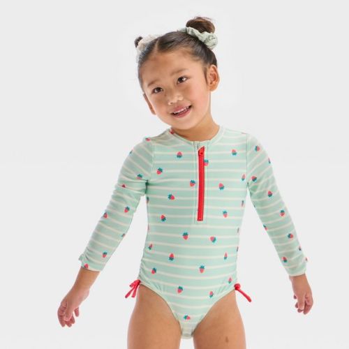 Toddler Girls' Long Sleeve Half Zip One Piece Rash Guard - Cat & Jack™ Mint Green 3t