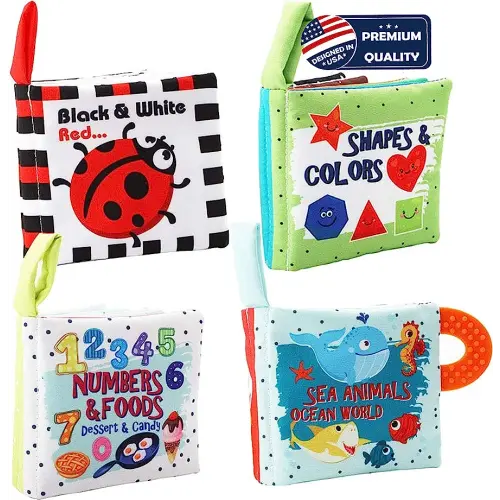 Baby Books Toys 0-6 Months Touch and Feel Crinkle Soft Cloth Books for Babies Infants Toddler, Baby Gifts Teething Toys, Early Education Toy 6 to 12 Months Baby Boy Girl 1 Year Old Books & Up - 4PCS