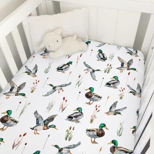 Mallard Duck Hunting Baby Crib Mattress Sheet 52''x28'' Baby Duck Hunting Nursery Decor Snug Fitted Sheet for Standard Crib Toddler Mattress