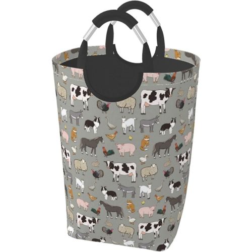 Farm Animals Laundry Basket Cow Foldable Laundry Hamper Pig Collapsible Laundry Baskets with Handles Clothes Hamper Laundry Tote Bag for Dorm Family Storage Bin 50L