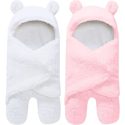 2 Pack Ultra Warm Sherpa Plush Baby Swaddle Wrap - Newborn Essentials for 0-6 Months - Shower Gifts for Boys Girls - Pink and White