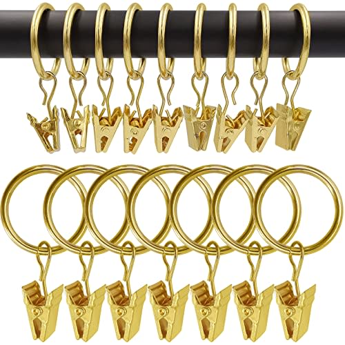 WeeksEight 100 Pack Gold Curtain Rings with Clips, Curtain Hooks Hangers Clip Rings for Hanging Drapes Bows Hat, Drapery Rings 1 in I D, Fits up to 5/8 in Diameter Curtain Rod.