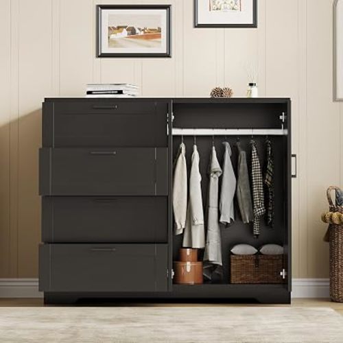 IDEALHOUSE 43.3'' H Armoire Wardrobe Closet with 4 Drawers, Wooden Dresser