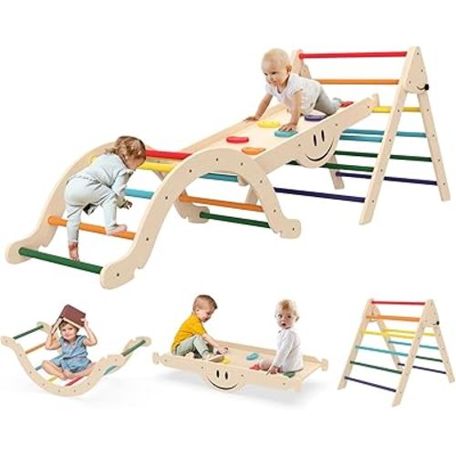 BIERUM Pikler Triangle Set - 8 in 1 Toddler Climbing Toys Indoor Wooden, Montessori Pickler Climbing Set with Ramp, Foldable Baby Climbing Gym, Rainbow