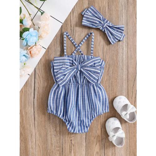 2pcs/Set Fashionable And Cute Striped Bodysuit With Bowknot And Headband For Baby Girls' Summer Party | SHEIN USA
