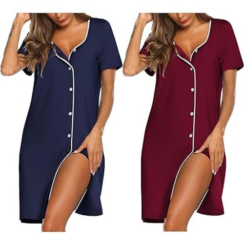 Ekouaer Nightgowns for Women 2 Pack Button Down Sleepshirt Short Sleeve Nightshirt Soft Sleepwear V Neck Pajama Dress