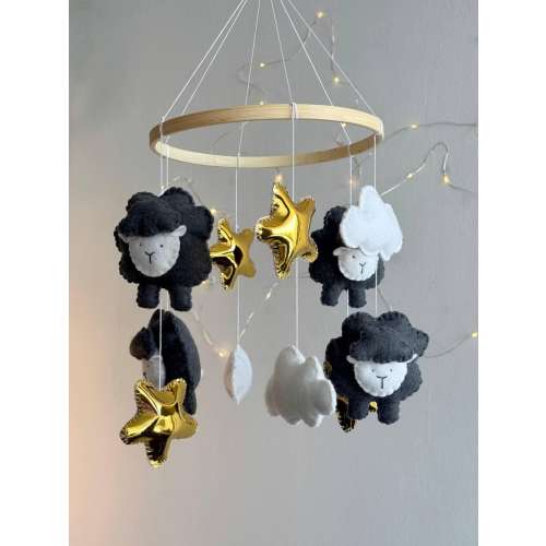 Gray Sheep Baby Mobile, Neutral Farm Nursery Mobile, Felt Lambs, Clouds & Stars, Gender Neutral Crib Mobile, Handmade Baby Room Decor Gift